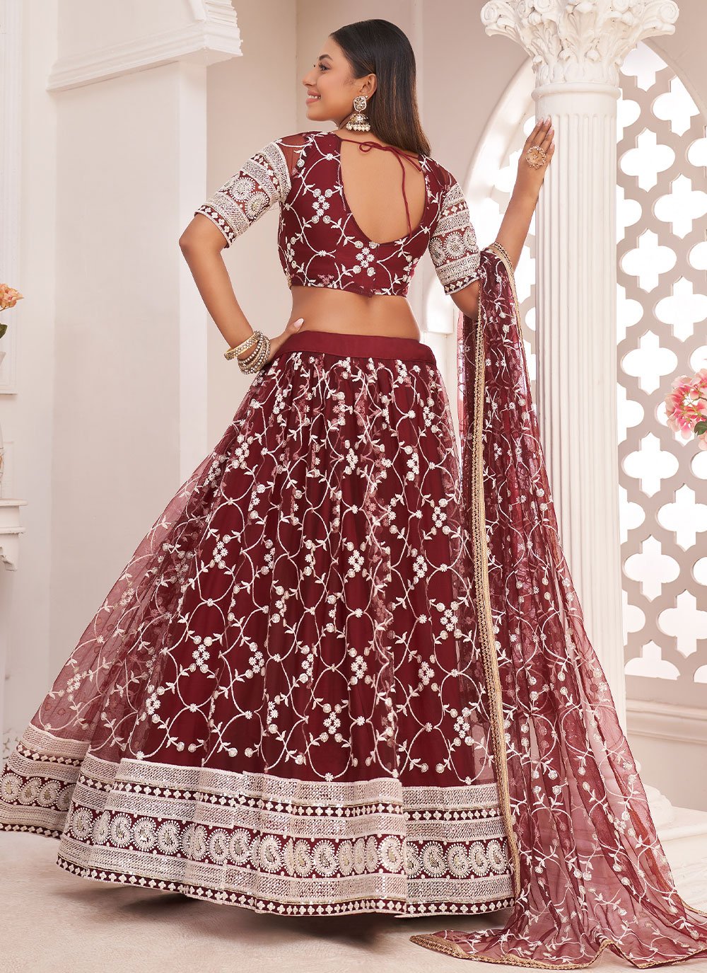 Lehenga Choli Net Maroon Embroidered Lehenga Choli