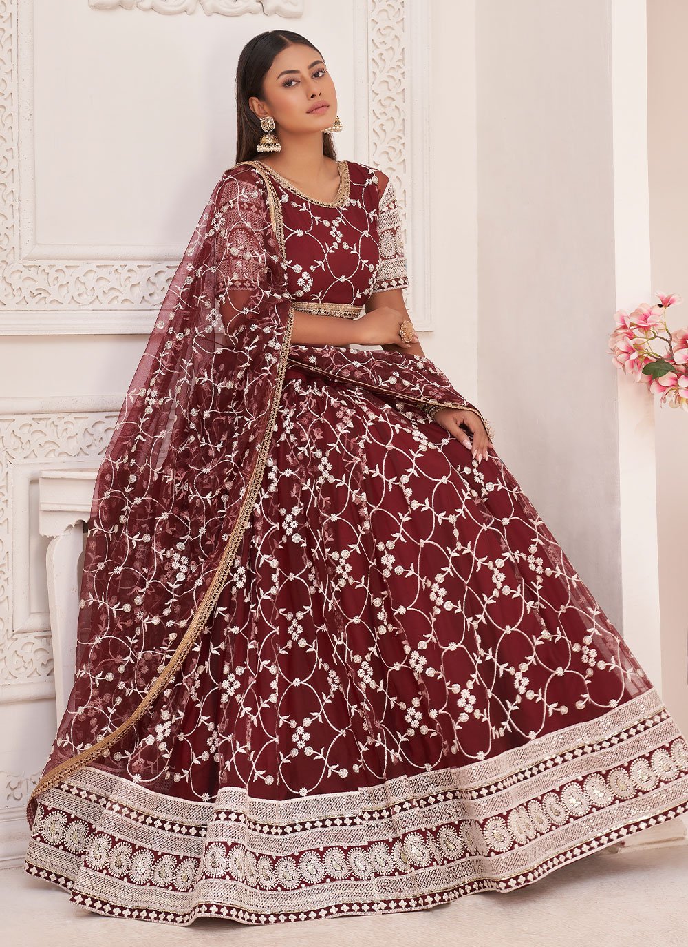 Lehenga Choli Net Maroon Embroidered Lehenga Choli