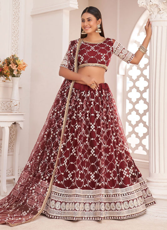 Lehenga Choli Net Maroon Embroidered Lehenga Choli