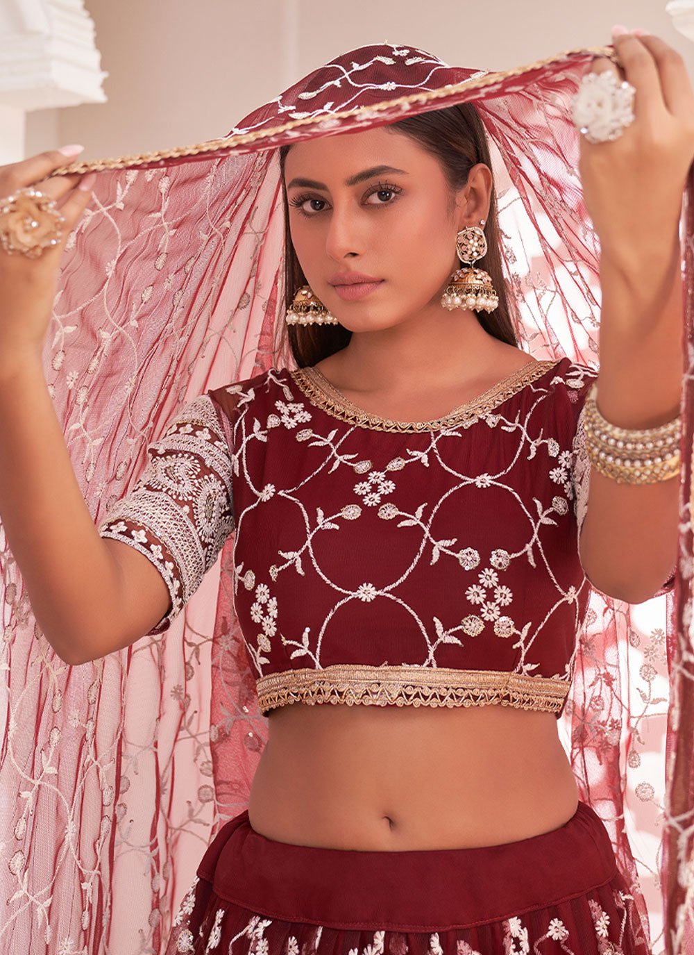 Lehenga Choli Net Maroon Embroidered Lehenga Choli