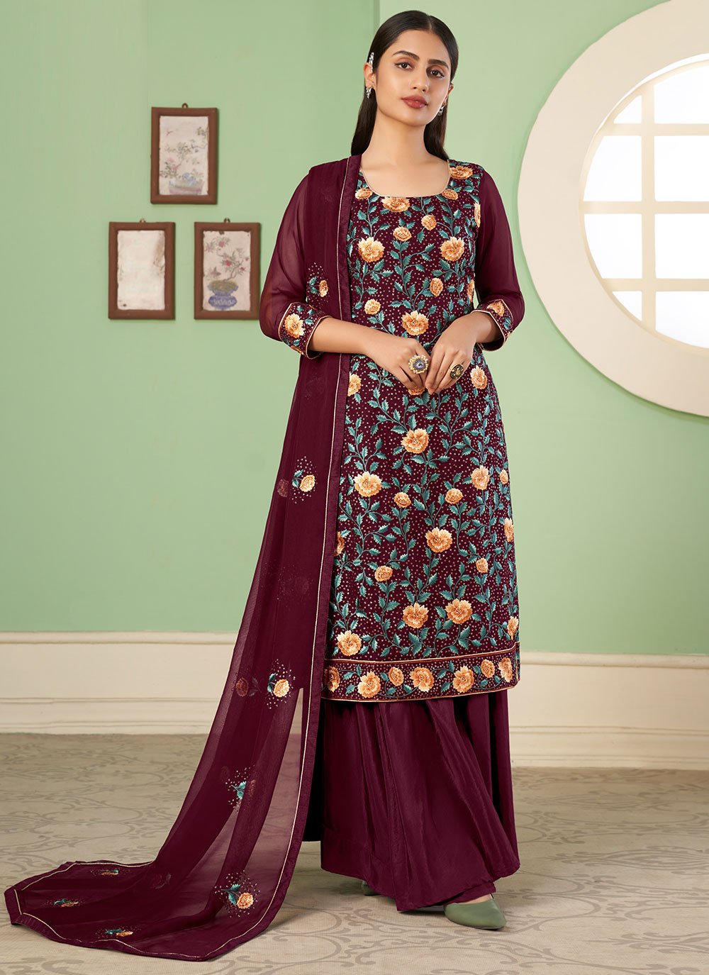 Salwar Suit Georgette Maroon Embroidered Salwar Kameez