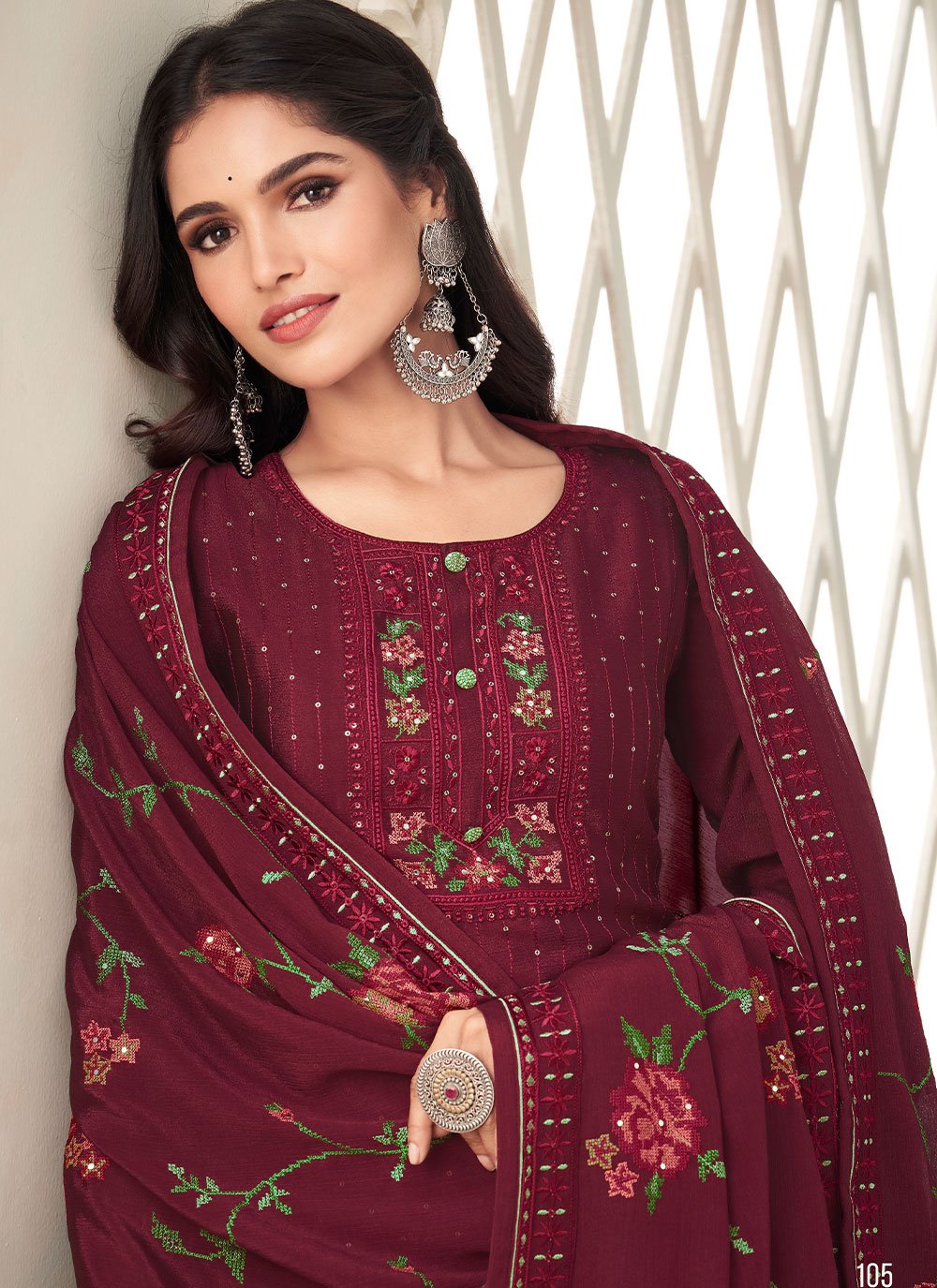 Straight Salwar Suit Chinon Maroon Sequins Salwar Kameez