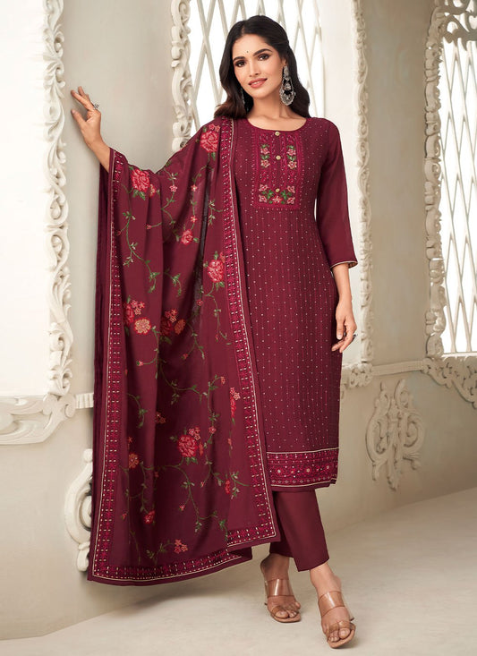 Straight Salwar Suit Chinon Maroon Sequins Salwar Kameez