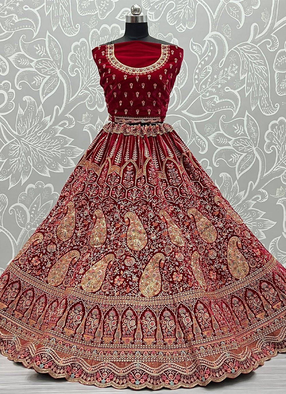 A Line Lehenga Velvet Maroon Diamond Lehenga Choli