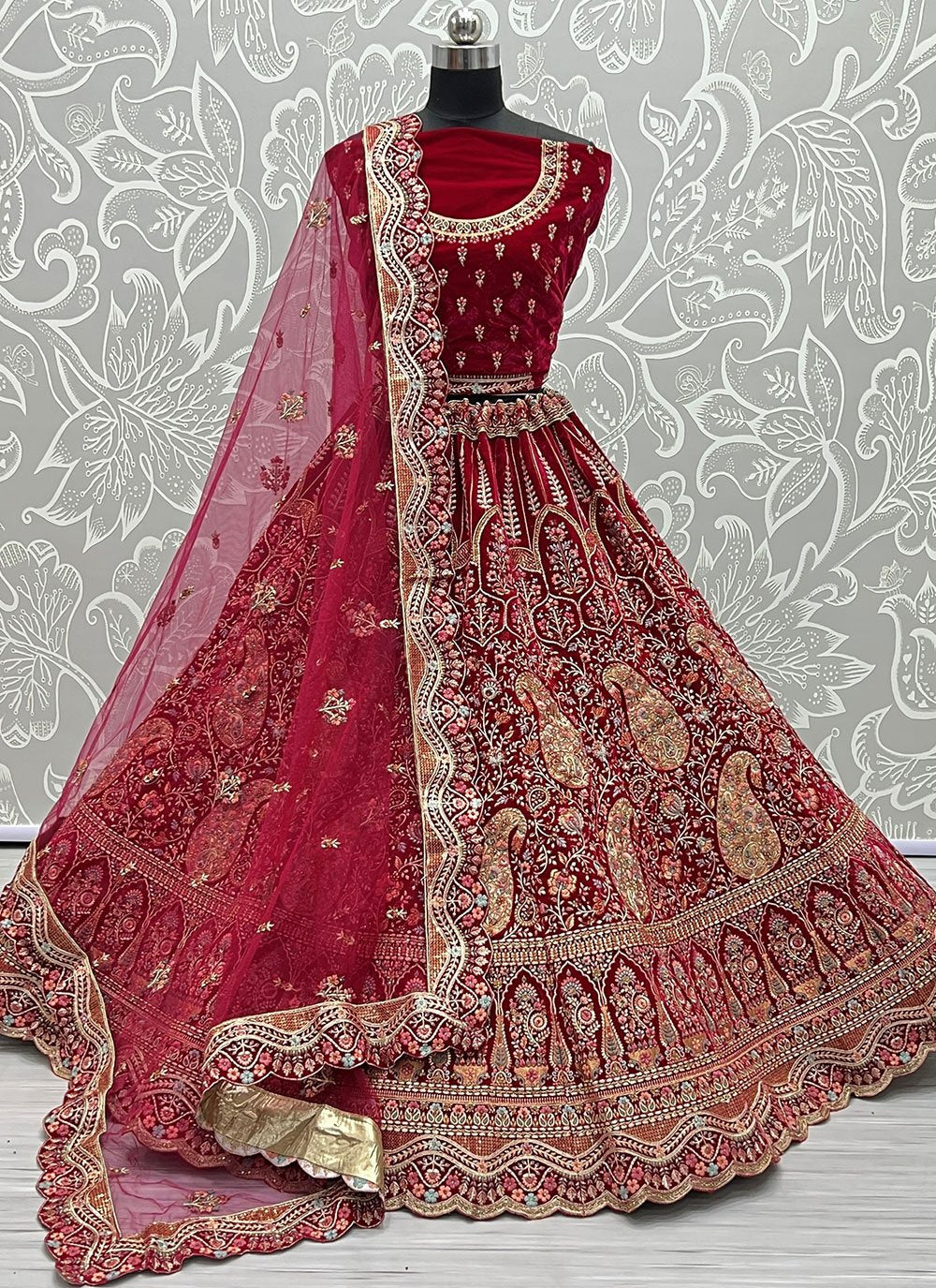 A Line Lehenga Velvet Maroon Diamond Lehenga Choli