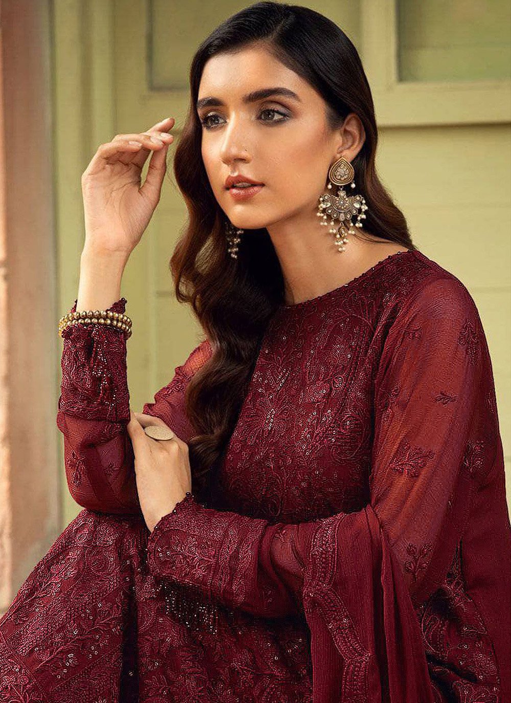 Straight Salwar Suit Faux Georgette Maroon Embroidered Salwar Kameez