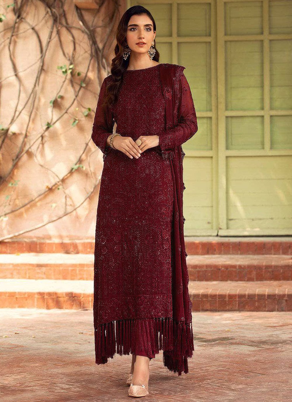 Straight Salwar Suit Faux Georgette Maroon Embroidered Salwar Kameez