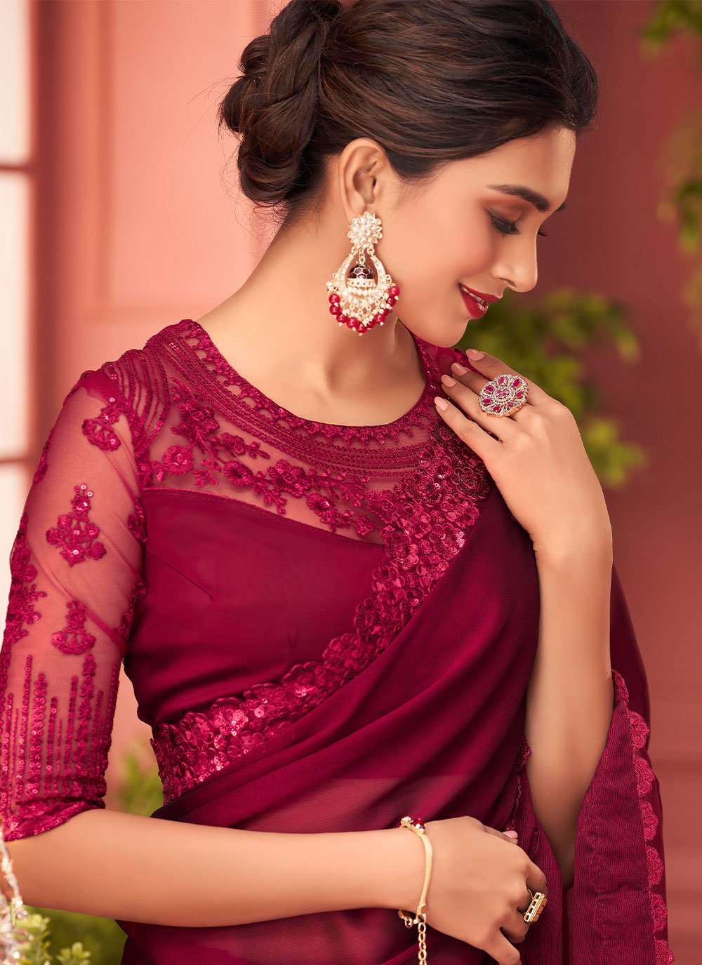 Trendy Saree Georgette Maroon Lace Saree