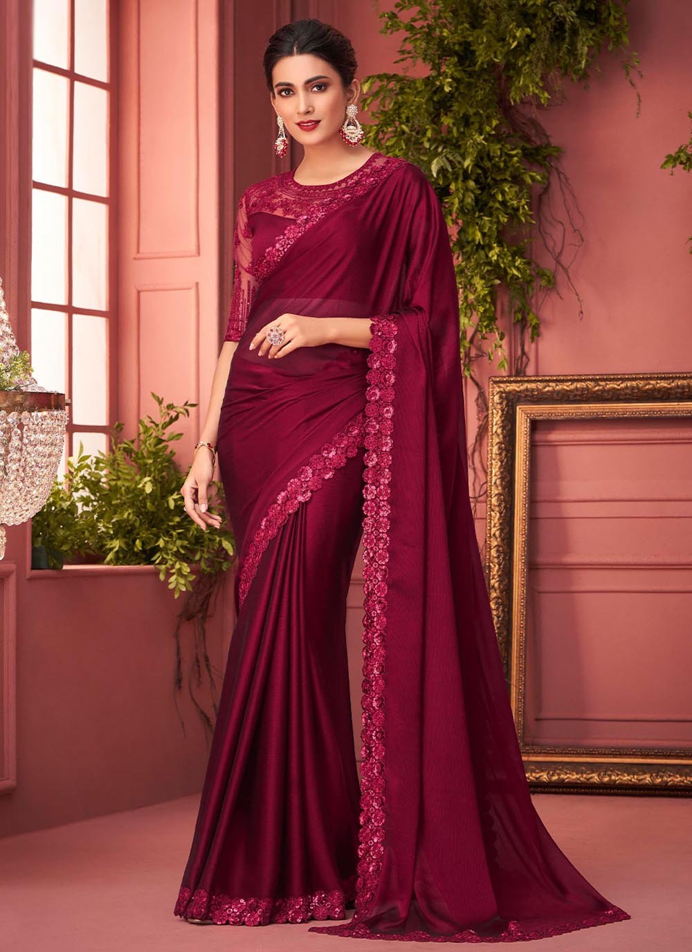 Trendy Saree Georgette Maroon Lace Saree