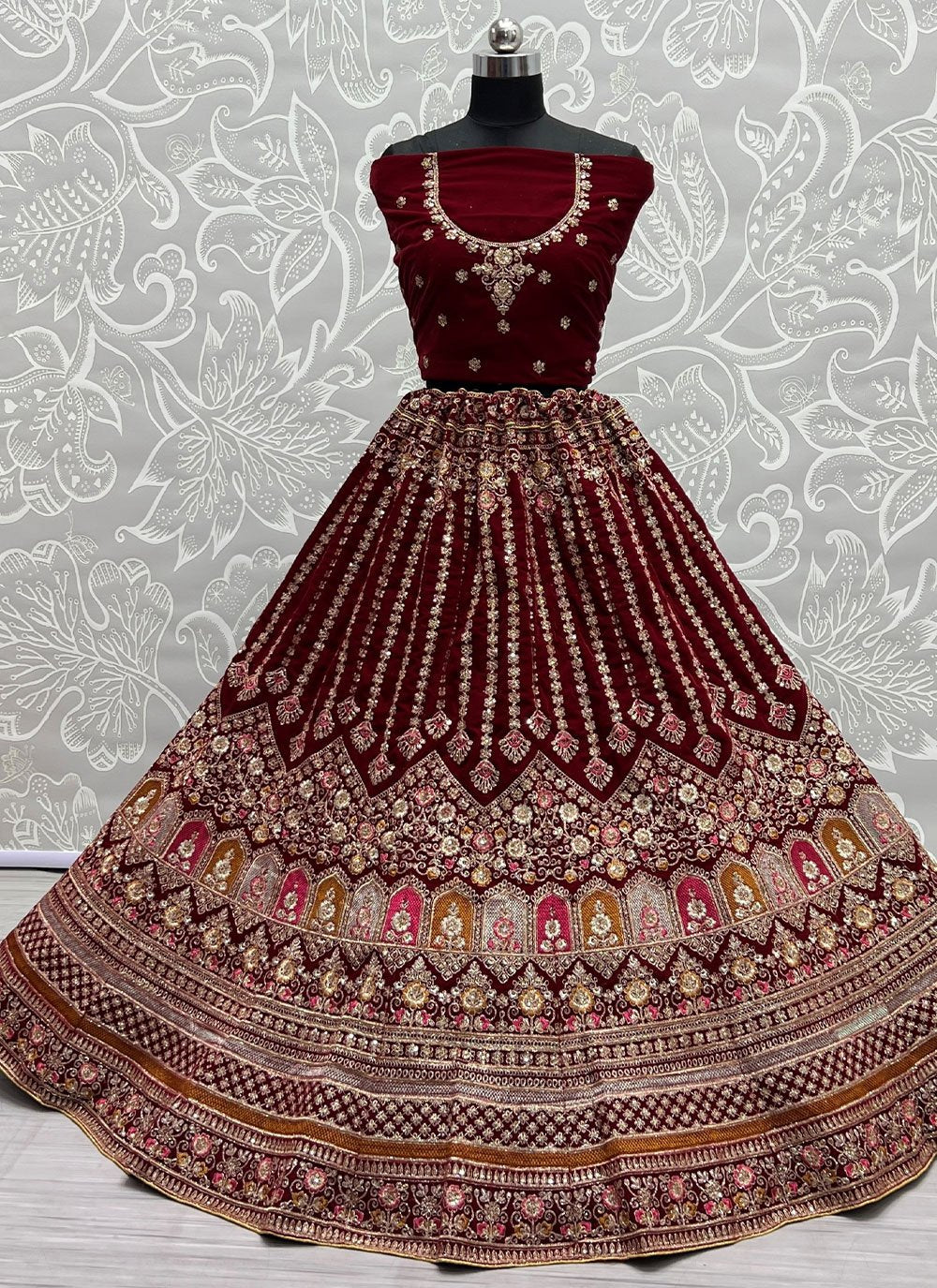 A Line Lehenga Velvet Maroon Diamond Lehenga Choli