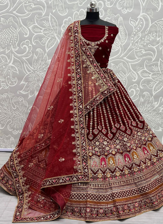 A Line Lehenga Velvet Maroon Diamond Lehenga Choli