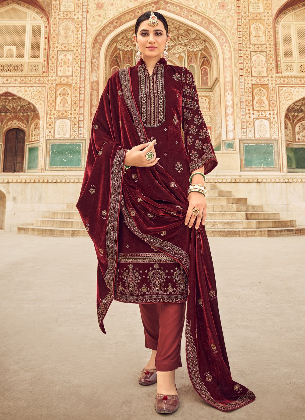 Pant Style Suit Velvet Maroon Embroidered Salwar Kameez