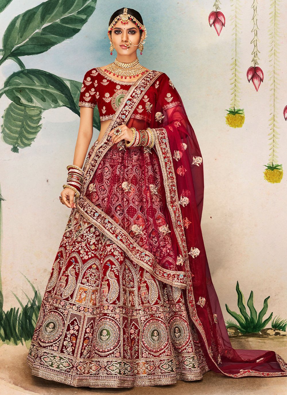 Lehenga Choli Velvet Maroon Dori Work Lehenga Choli