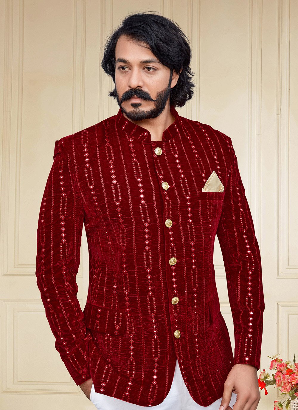 Jodhpuri Suit Velvet Maroon Embroidered Mens