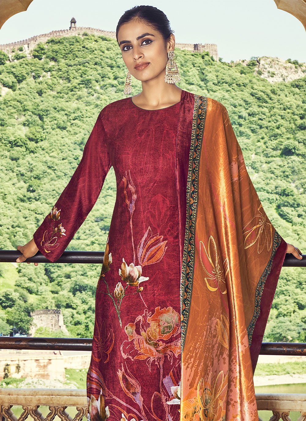 Pant Style Suit Velvet Maroon Digital Print Salwar Kameez