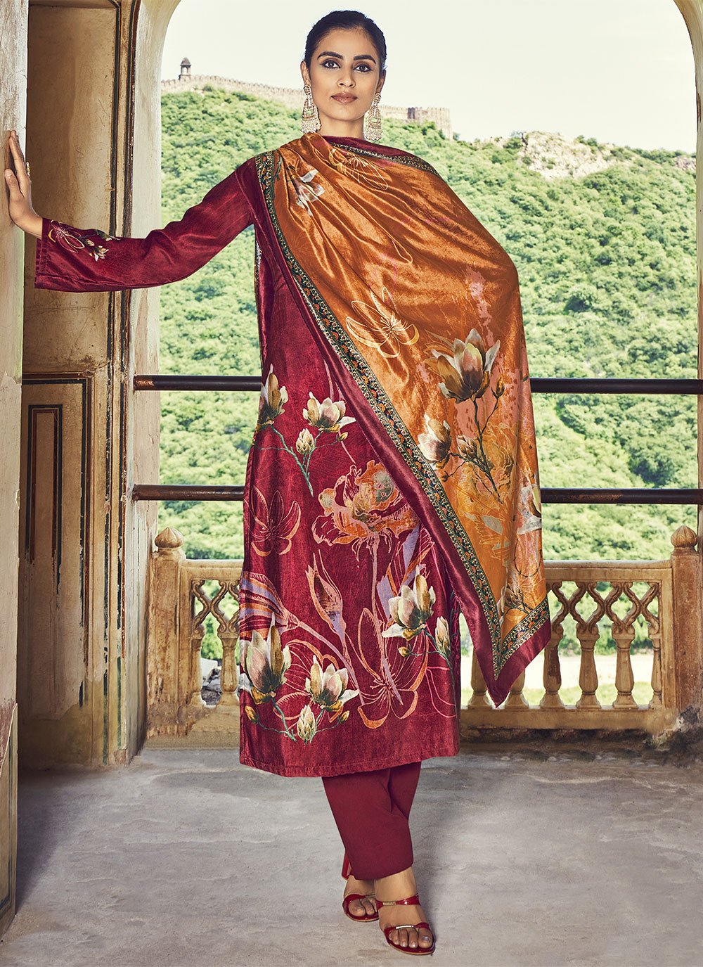 Pant Style Suit Velvet Maroon Digital Print Salwar Kameez