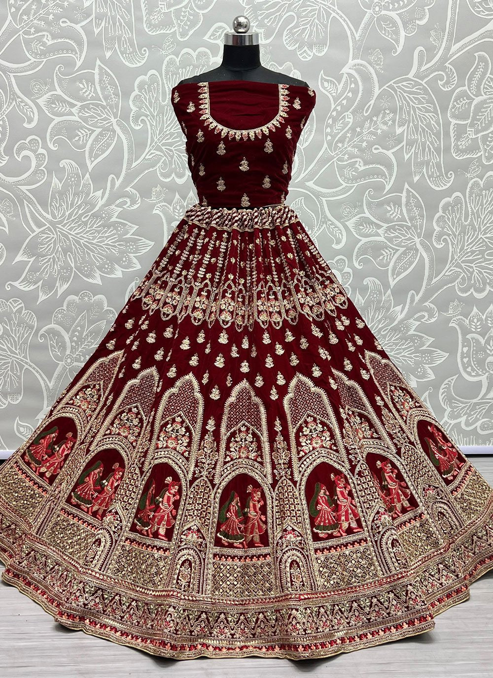 Lehenga Choli Velvet Maroon Diamond Lehenga Choli