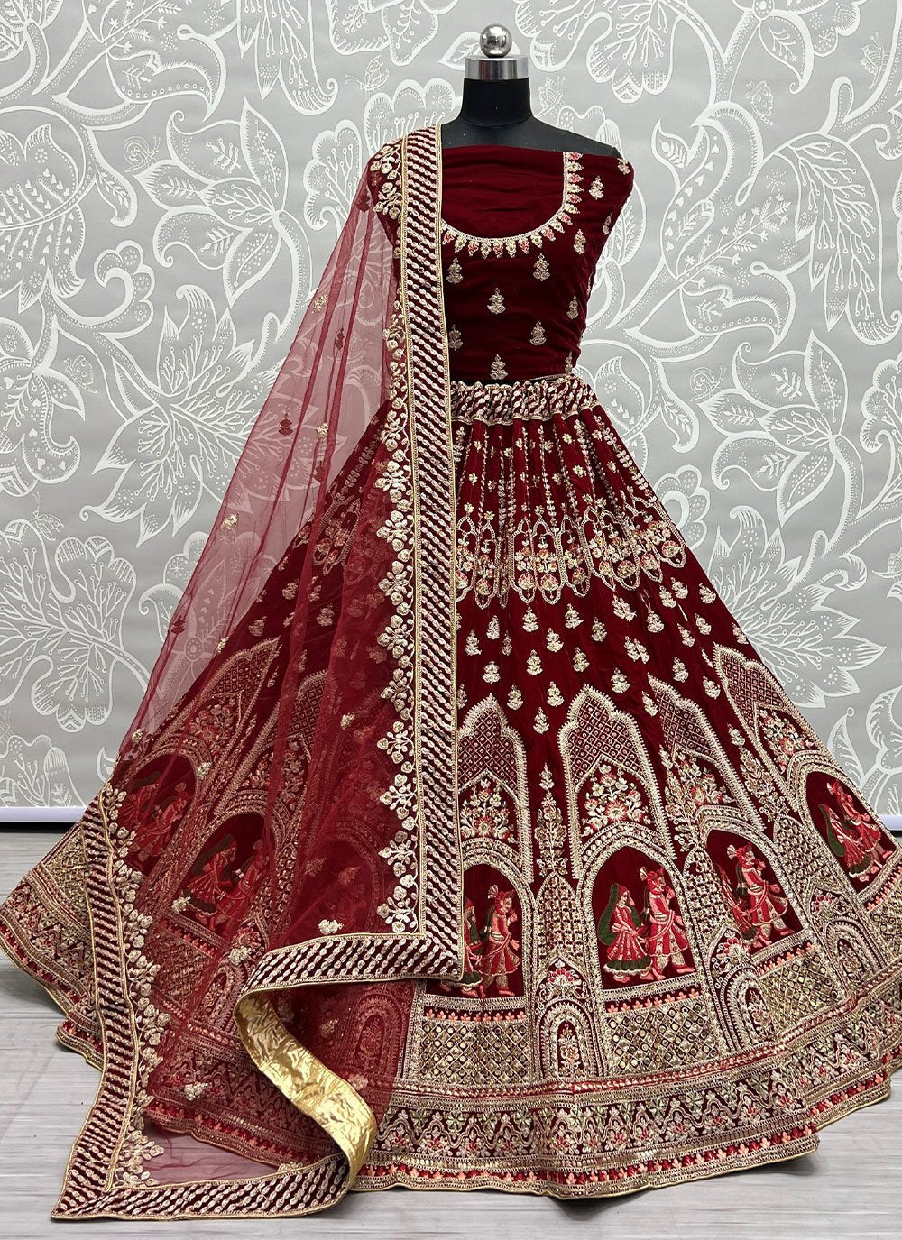 Lehenga Choli Velvet Maroon Diamond Lehenga Choli