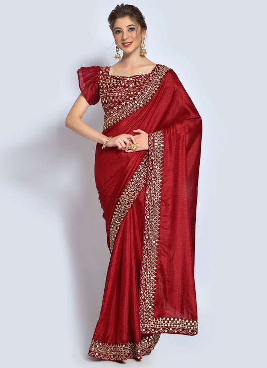Trendy Saree Vichitra Silk Maroon Embroidered Saree