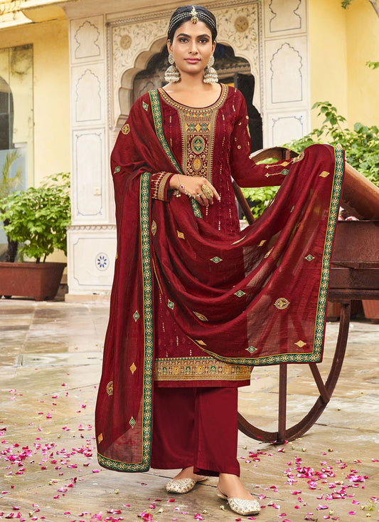 Pakistani Salwar Suit Vichitra Silk Maroon Embroidered Salwar Kameez