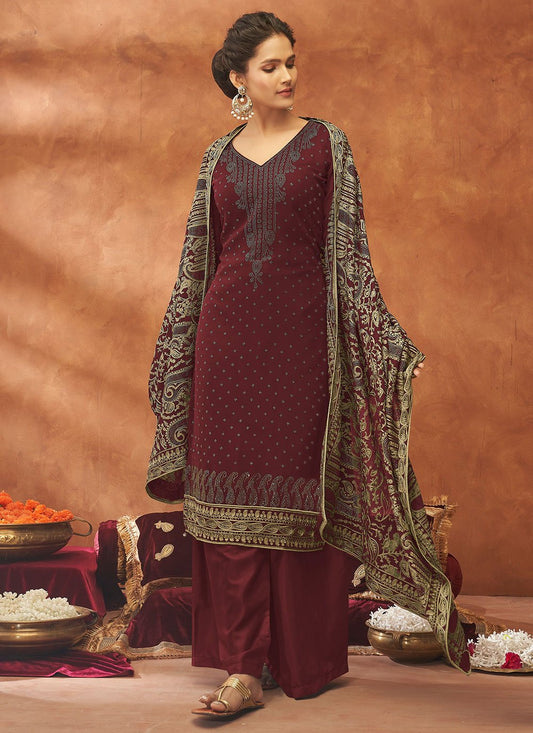 Straight Salwar Suit Georgette Viscose Maroon Diamond Salwar Kameez