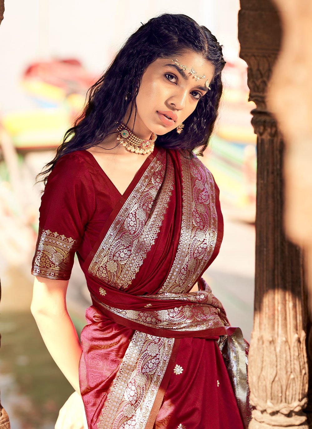 Classic Satin Silk Maroon Weaving Saree