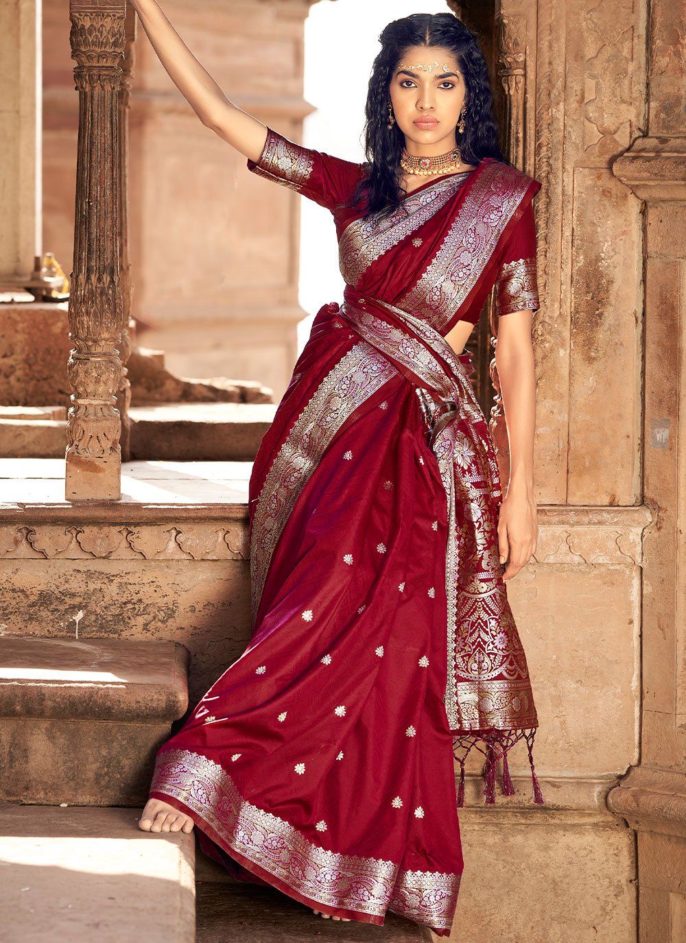 Classic Satin Silk Maroon Weaving Saree