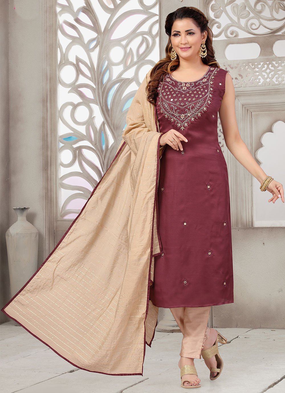 Salwar Suit Art Silk Maroon Embroidered Salwar Kameez