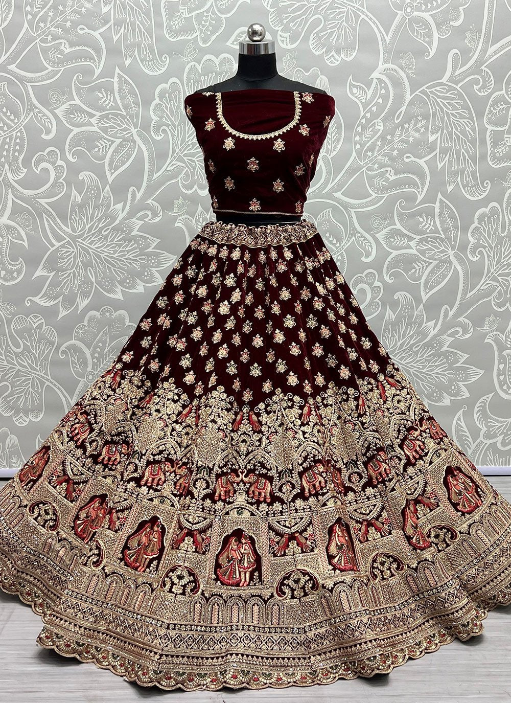 Lehenga Choli Velvet Maroon Diamond Lehenga Choli