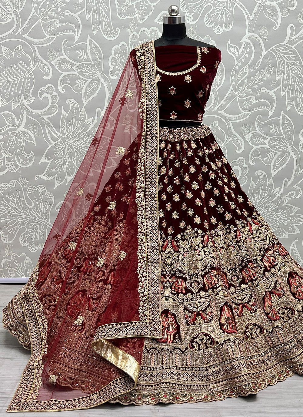 Lehenga Choli Velvet Maroon Diamond Lehenga Choli