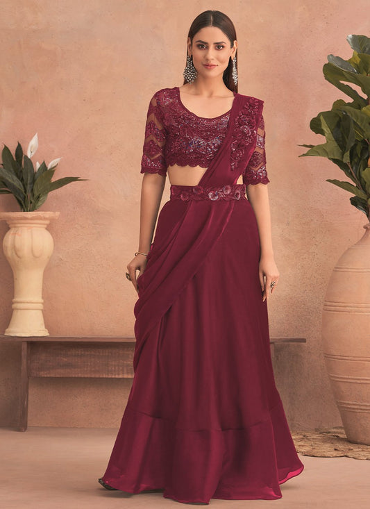 Lehenga Style Saree Net Maroon Embroidered Saree