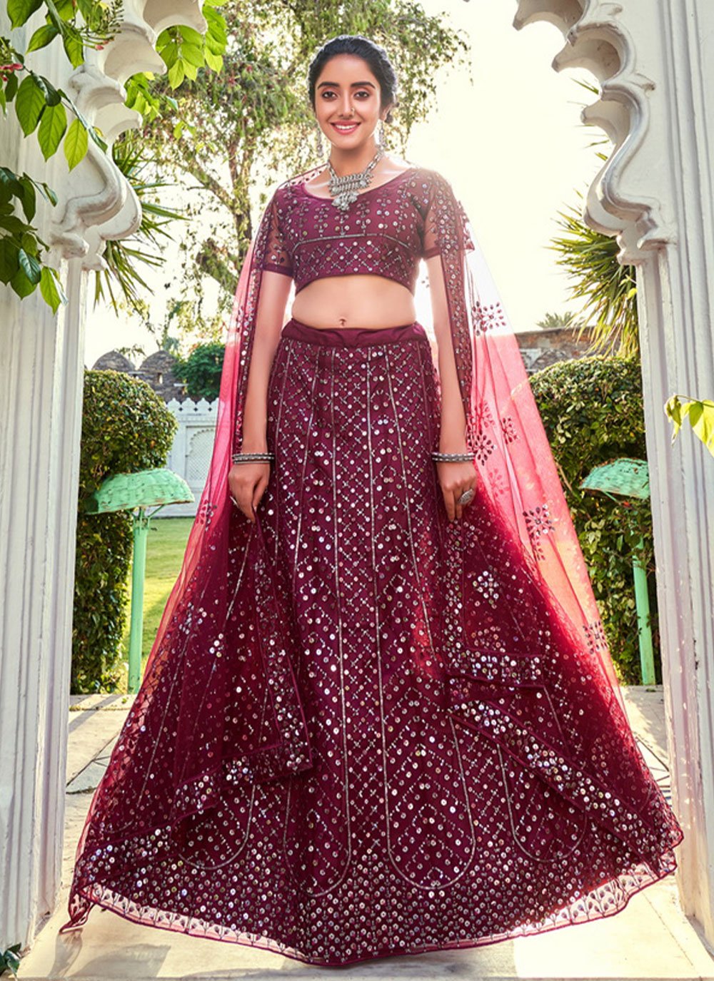 Lehenga Choli Net Maroon Embroidered Lehenga Choli