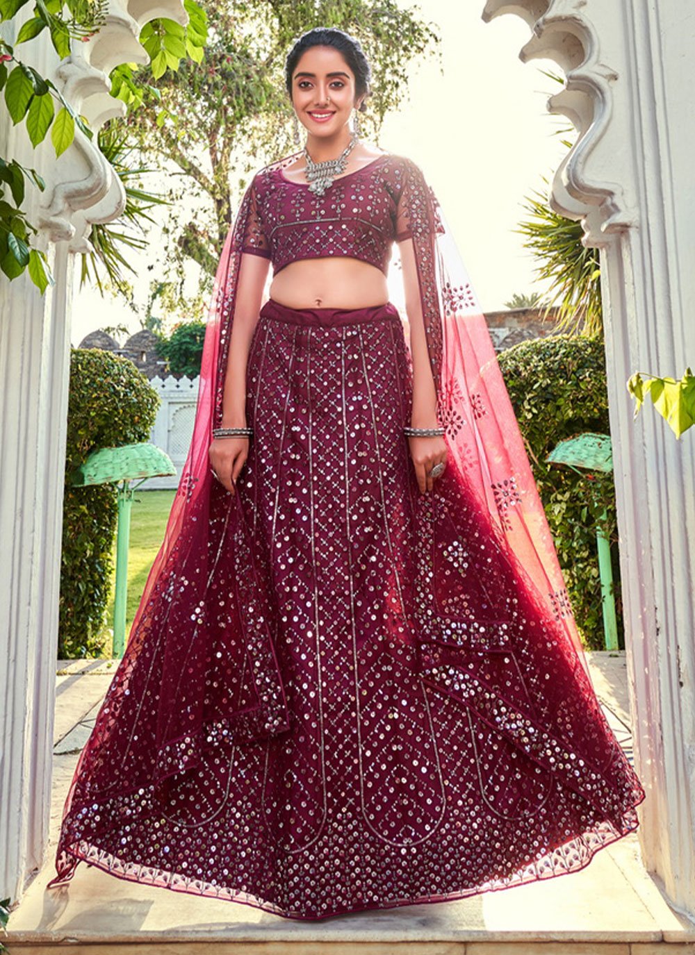 Lehenga Choli Net Maroon Embroidered Lehenga Choli