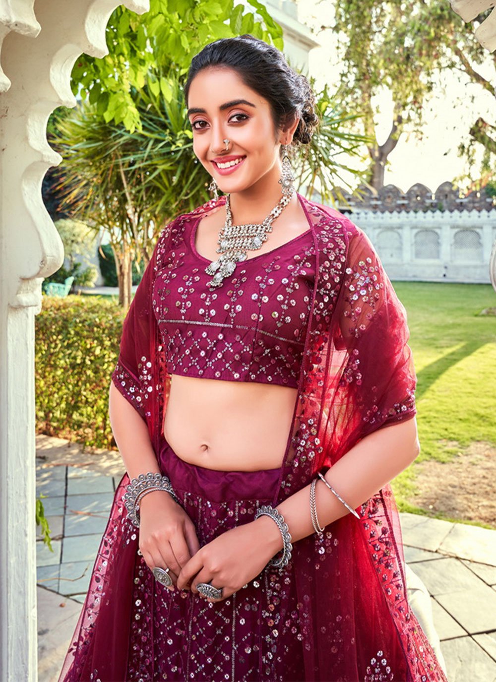 Lehenga Choli Net Maroon Embroidered Lehenga Choli