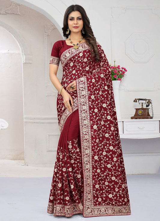 Classic Crepe Silk Maroon Embroidered Saree