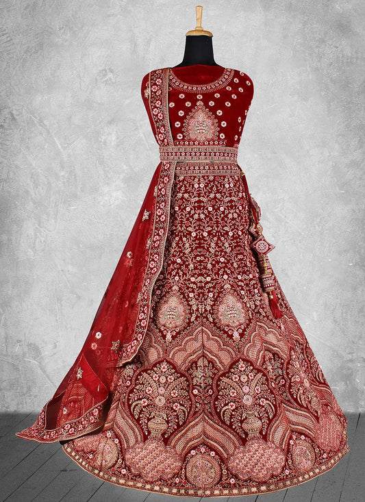 A Line Lehenga Velvet Maroon Embroidered Lehenga Choli