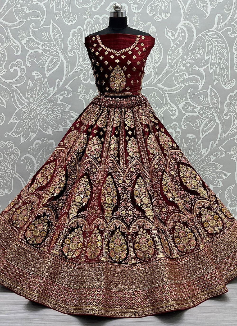 Lehenga Choli Velvet Maroon Dori Work Lehenga Choli