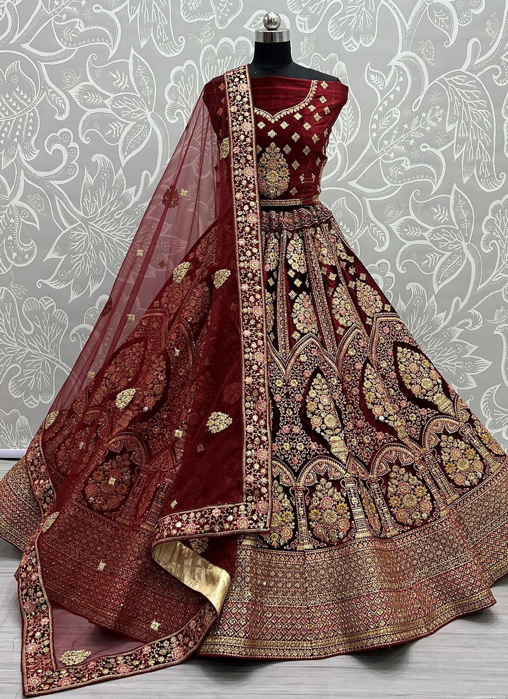 Lehenga Choli Velvet Maroon Dori Work Lehenga Choli