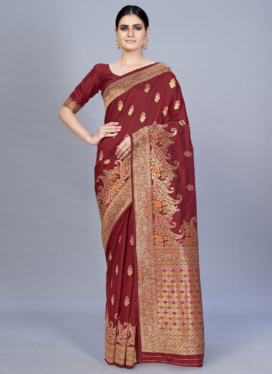 Contemporary Banarasi Silk Maroon Woven Saree