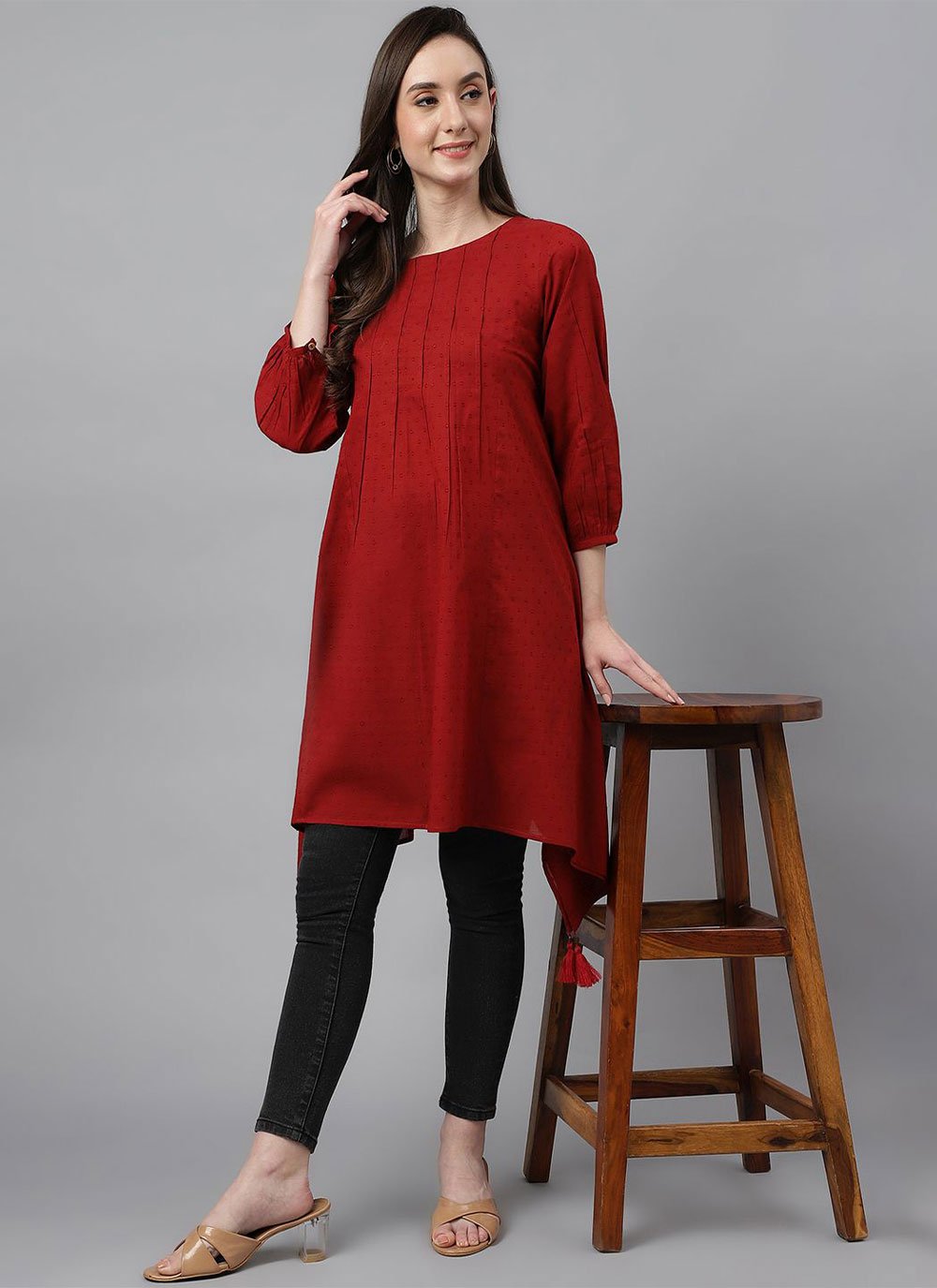 Party Wear Kurti Cotton Maroon Plain Kurtis