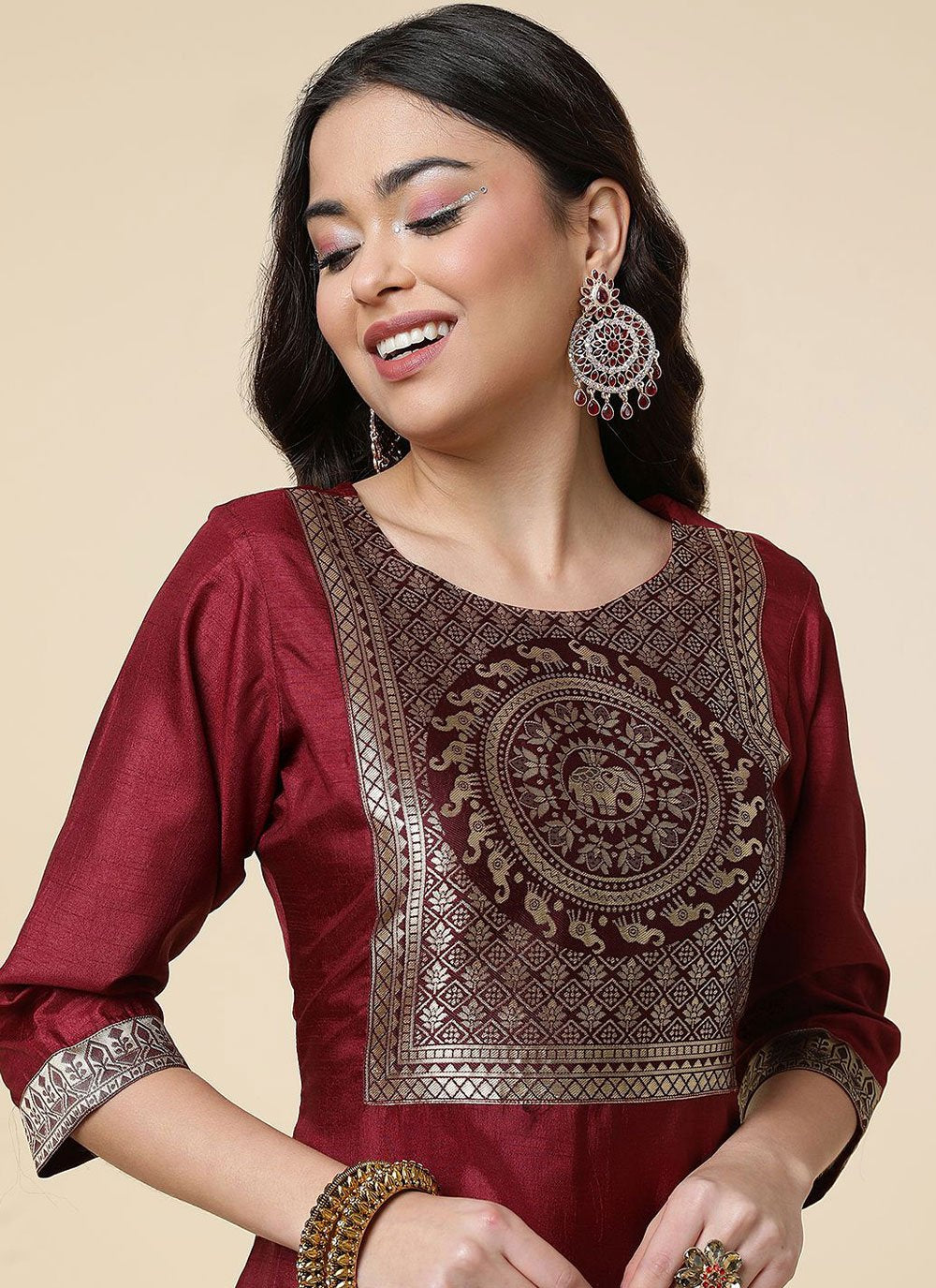 Designer Salwar Suit Silk Maroon Woven Salwar Kameez