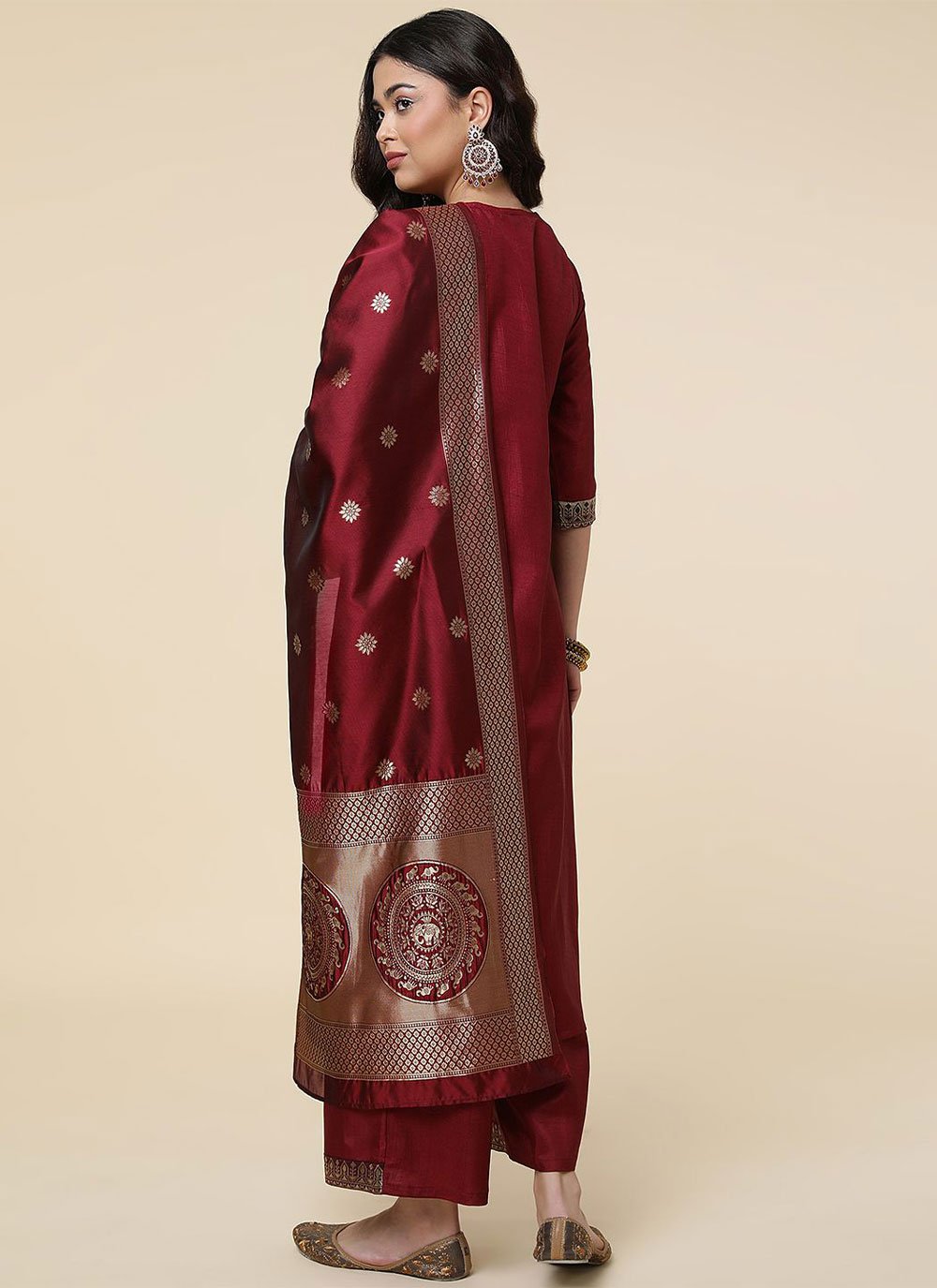 Designer Salwar Suit Silk Maroon Woven Salwar Kameez