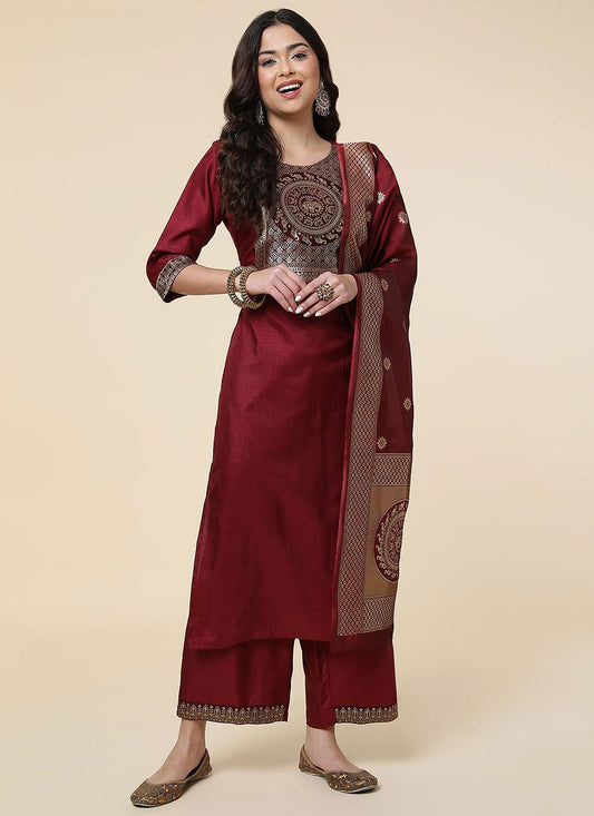 Designer Salwar Suit Silk Maroon Woven Salwar Kameez