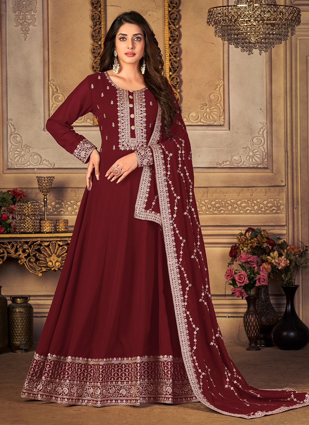 Salwar Suit Faux Georgette Maroon Embroidered Salwar Kameez