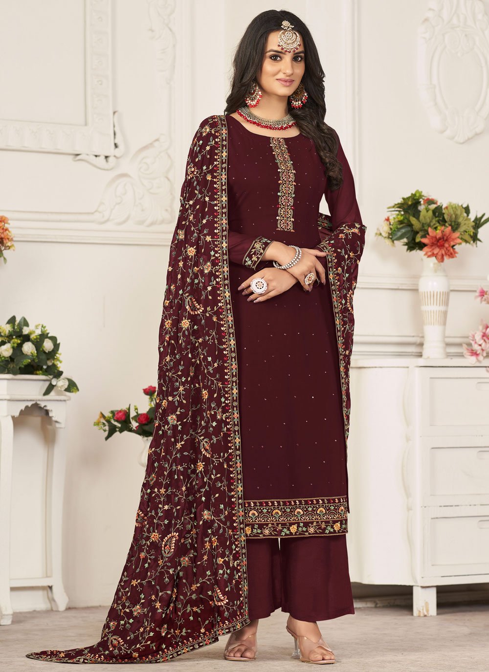 Salwar Suit Georgette Maroon Diamond Salwar Kameez