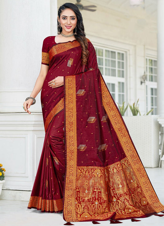 Classic Tussar Silk Maroon Zari Saree