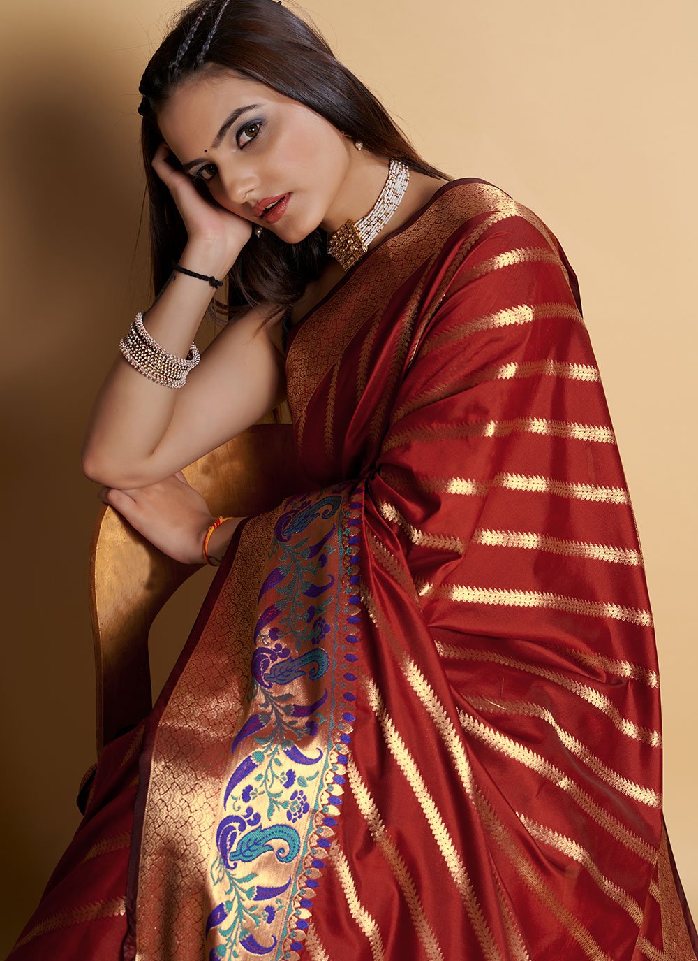 Contemporary Silk Maroon Weaving Saree