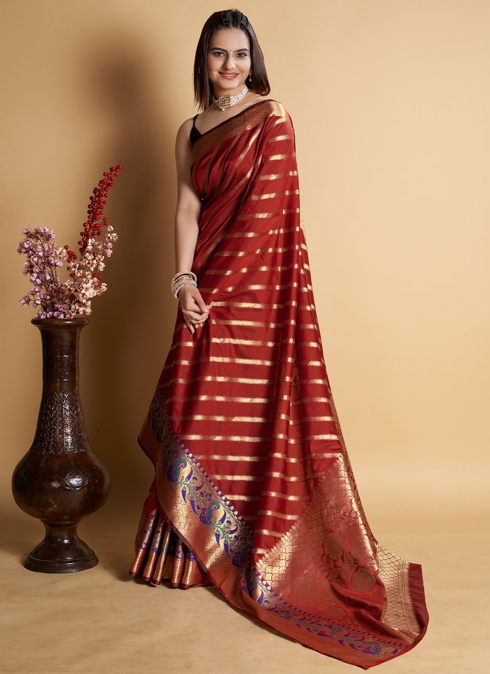 Contemporary Silk Maroon Weaving Saree