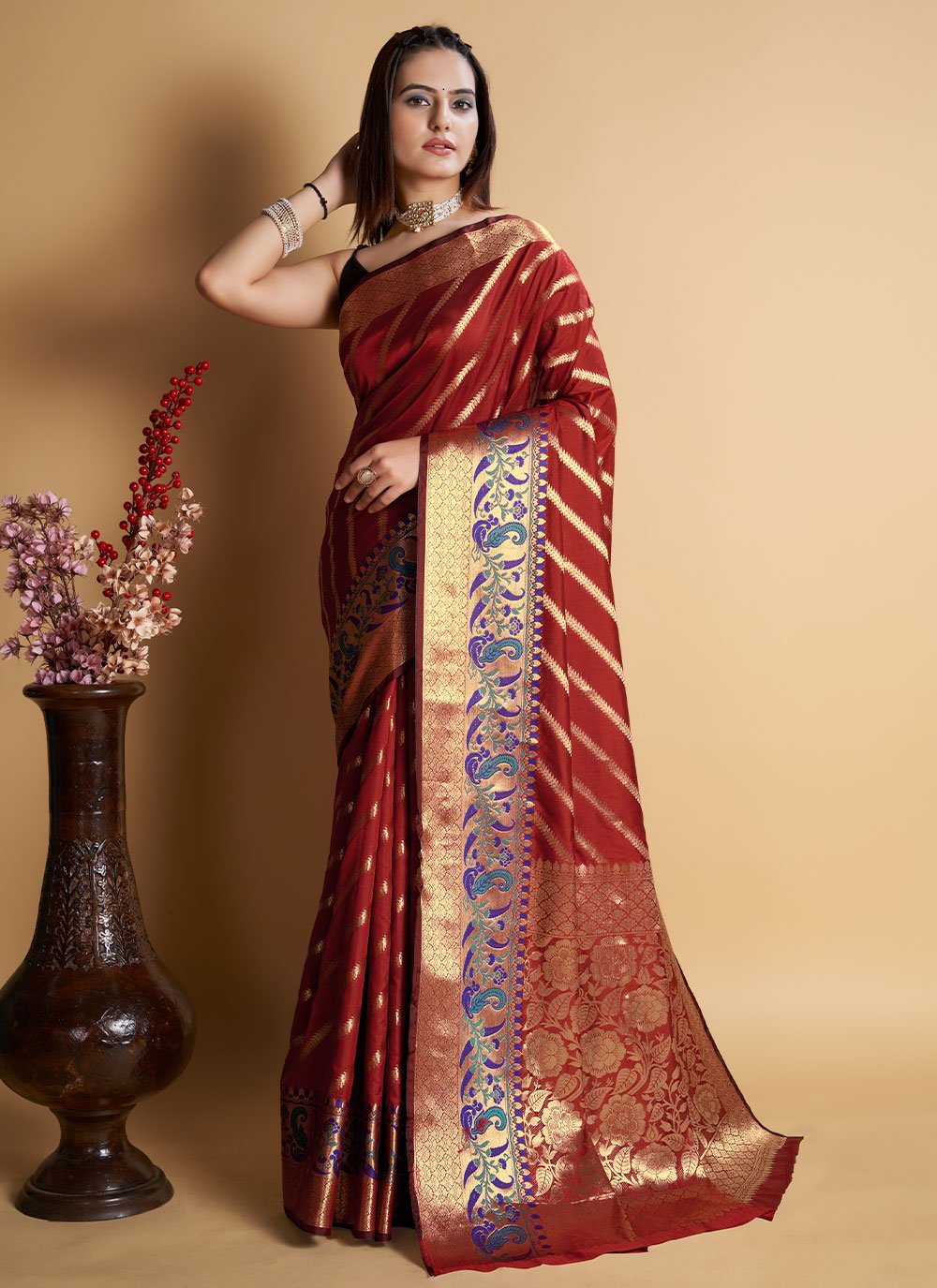 Contemporary Silk Maroon Weaving Saree