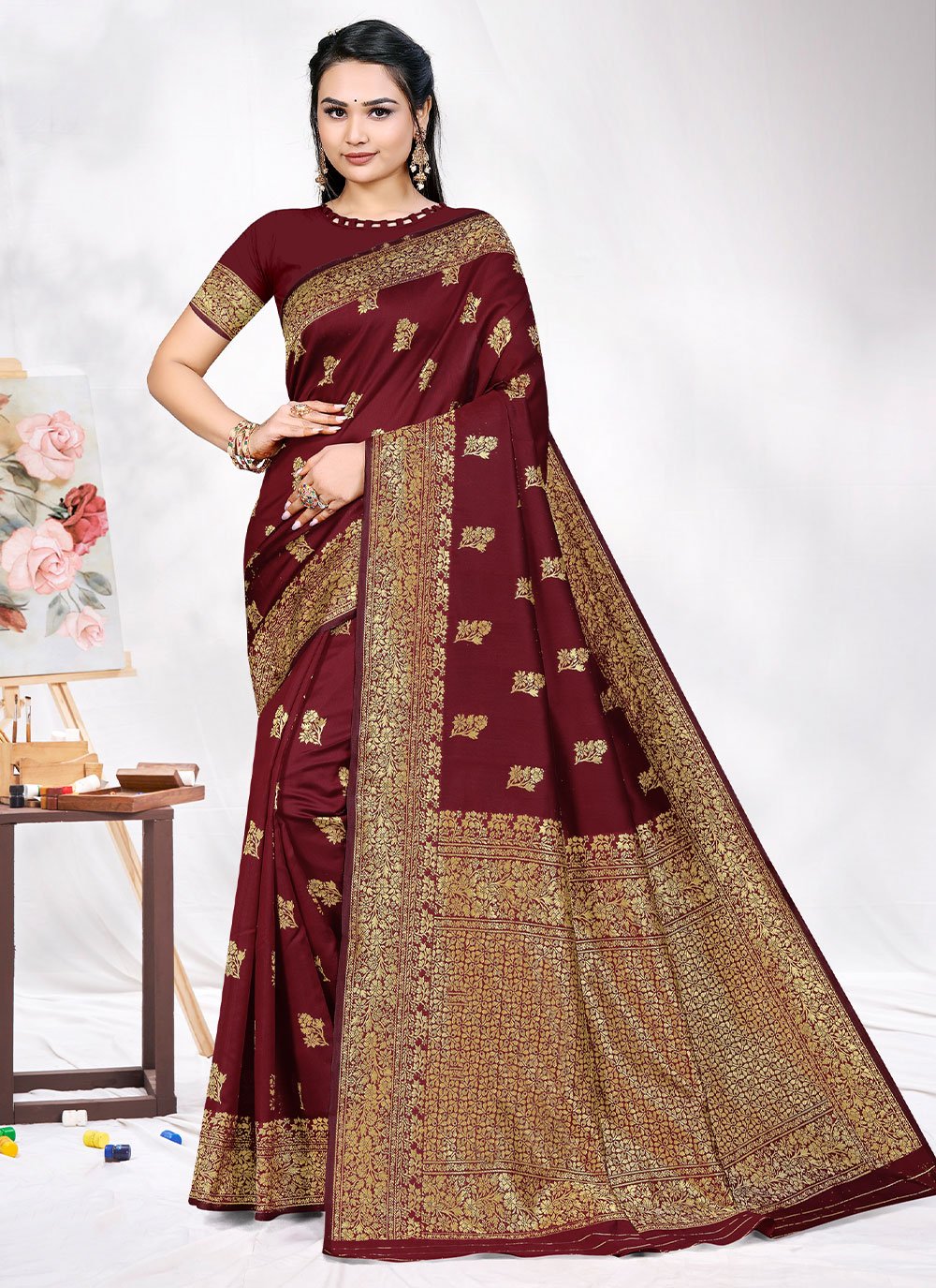 Contemporary Silk Maroon Zari Saree